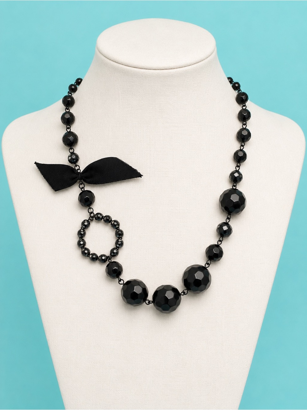 White House Black Market Black Faceted Beaded Statement Necklace Ribbon